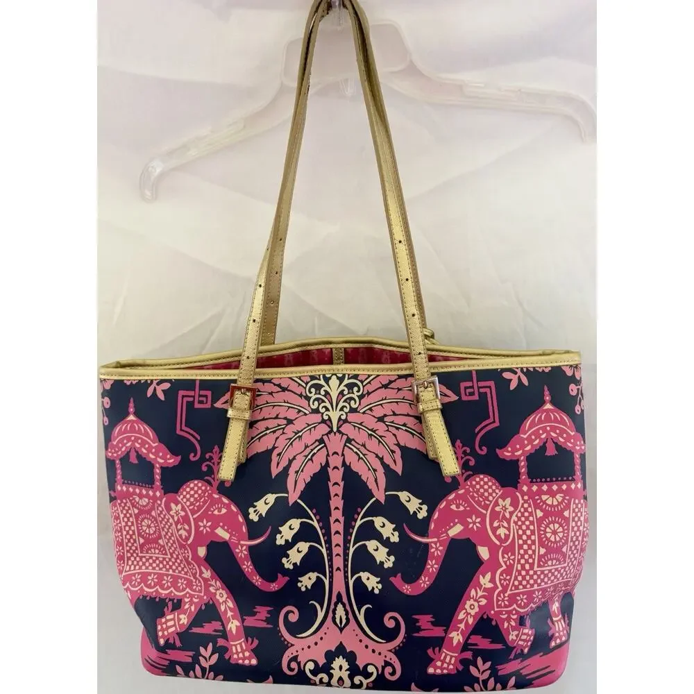 Spartina 449 Retreat Pink Elephant Large Tote Bag Gold Leather Strap Palm Tree